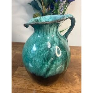 Vintage MCM Art Pottery Pitcher Green Black Drip Glaze Ceramic Jug Vase Decor